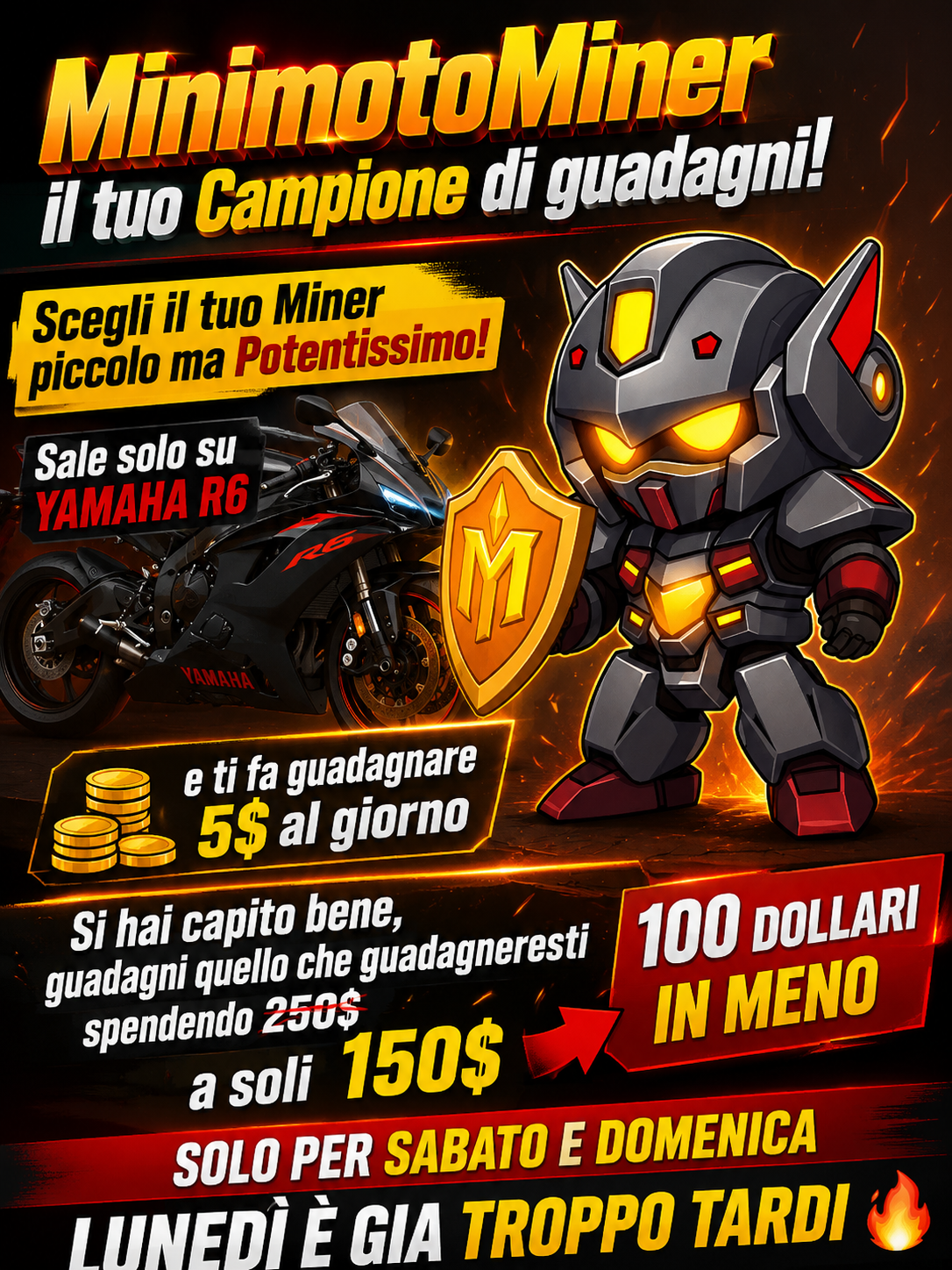 MinimotoMiner promo: guadagna 5$ al giorno, sconto 100$ solo weekend